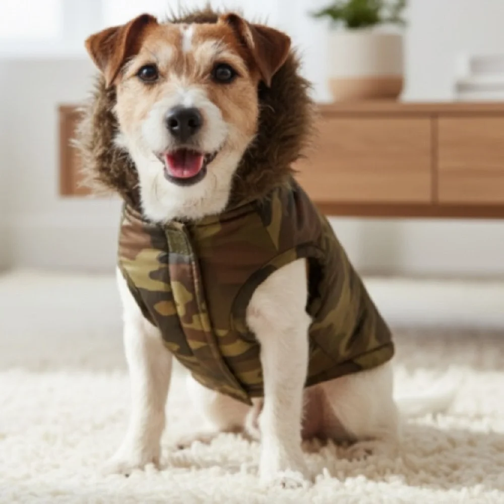Simply Dog Vest, Camo, Faux Fur, Hoodie, Convertible, Snap back hood​​,Warmth